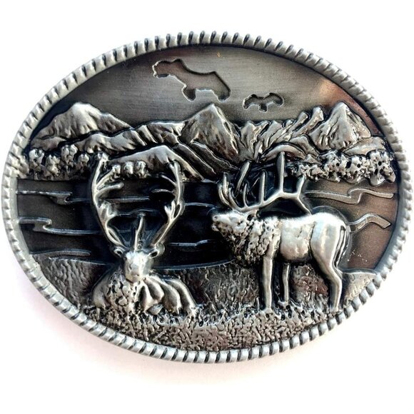Men's Silver Vintage Elk Deer Western Cow Boy Native American Belt Buckle - Picture 1 of 2